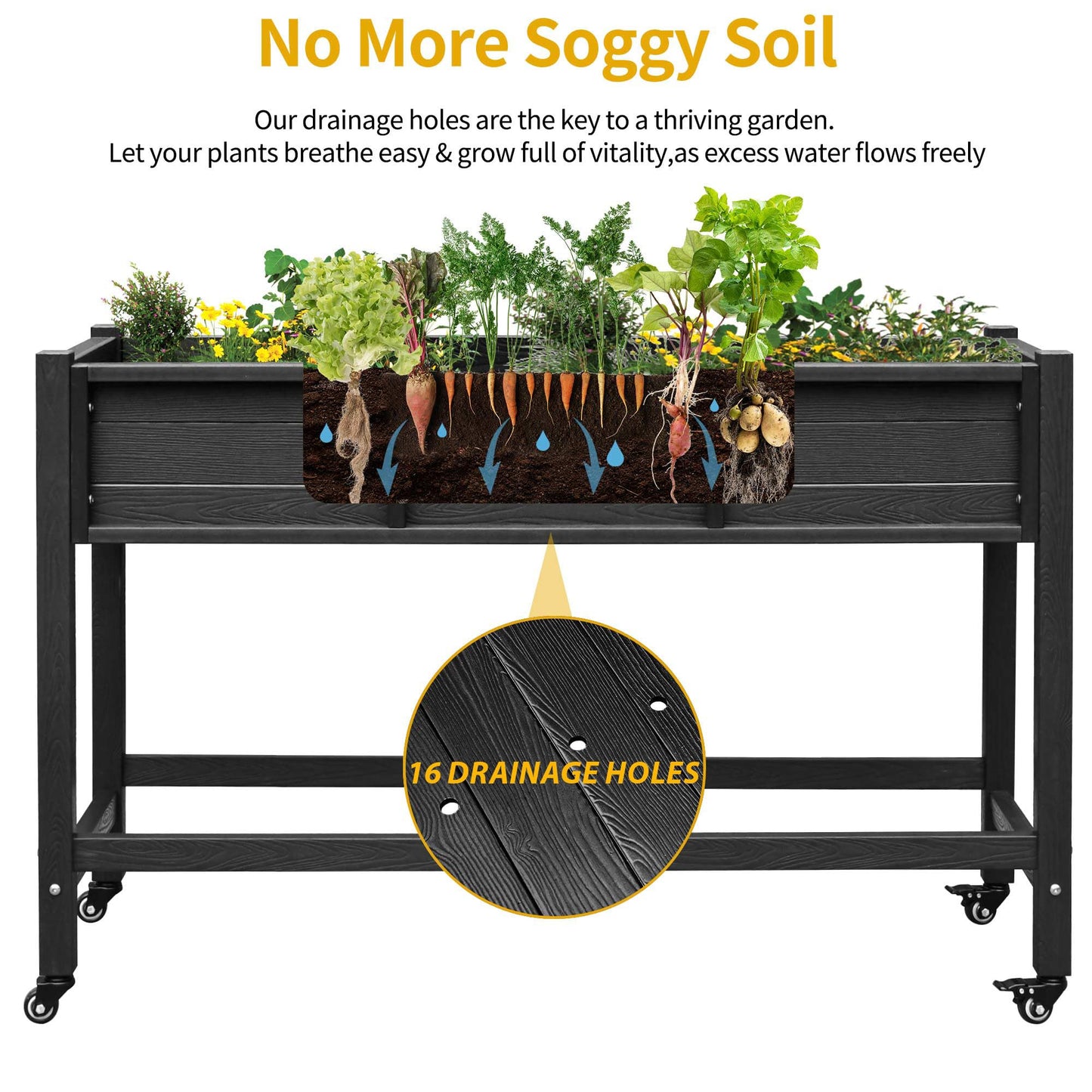 DWVO 47x18x31in Raised Garden Bed HDPE, Weather-Resistant Poly Wood Planter Box Stand, Planter Box with Legs & Lockable Wheels, Elevated Garden Bed for Backyard Patio Balcony - Black
