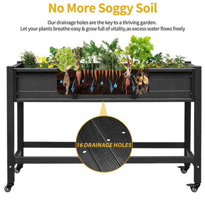 DWVO 47x18x31in Raised Garden Bed HDPE, Weather-Resistant Poly Wood Planter Box Stand, Planter Box with Legs & Lockable Wheels, Elevated Garden Bed for Backyard Patio Balcony - Black