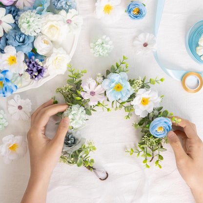 ATTGREAT Fake Flower Heads Mini Silk Flowrs Bulk Small Flower 3D Loose Faux Daisy Rose Sunflowers Plum Blossoms Craft for Wedding Party Cake Baby Shower Home Decor, 110Pcs(Blue)
