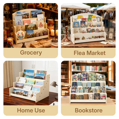 Aubeco 4 Tier 1Pc Wooden Greeting Card Display Stand, Sticker Organizer Rack, Retail Photos Shelf for Vendors Craft Collection, Retail Stores, Postcards, Jewelry, Snacks