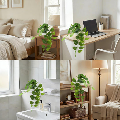 WucaFl Fake Pothos Hanging Plant – Artificial Plastic Ivy Vines with White Pot, Realistic Faux Greenery for Indoor Home Office Bathroom Shelf Cabinet Decoration