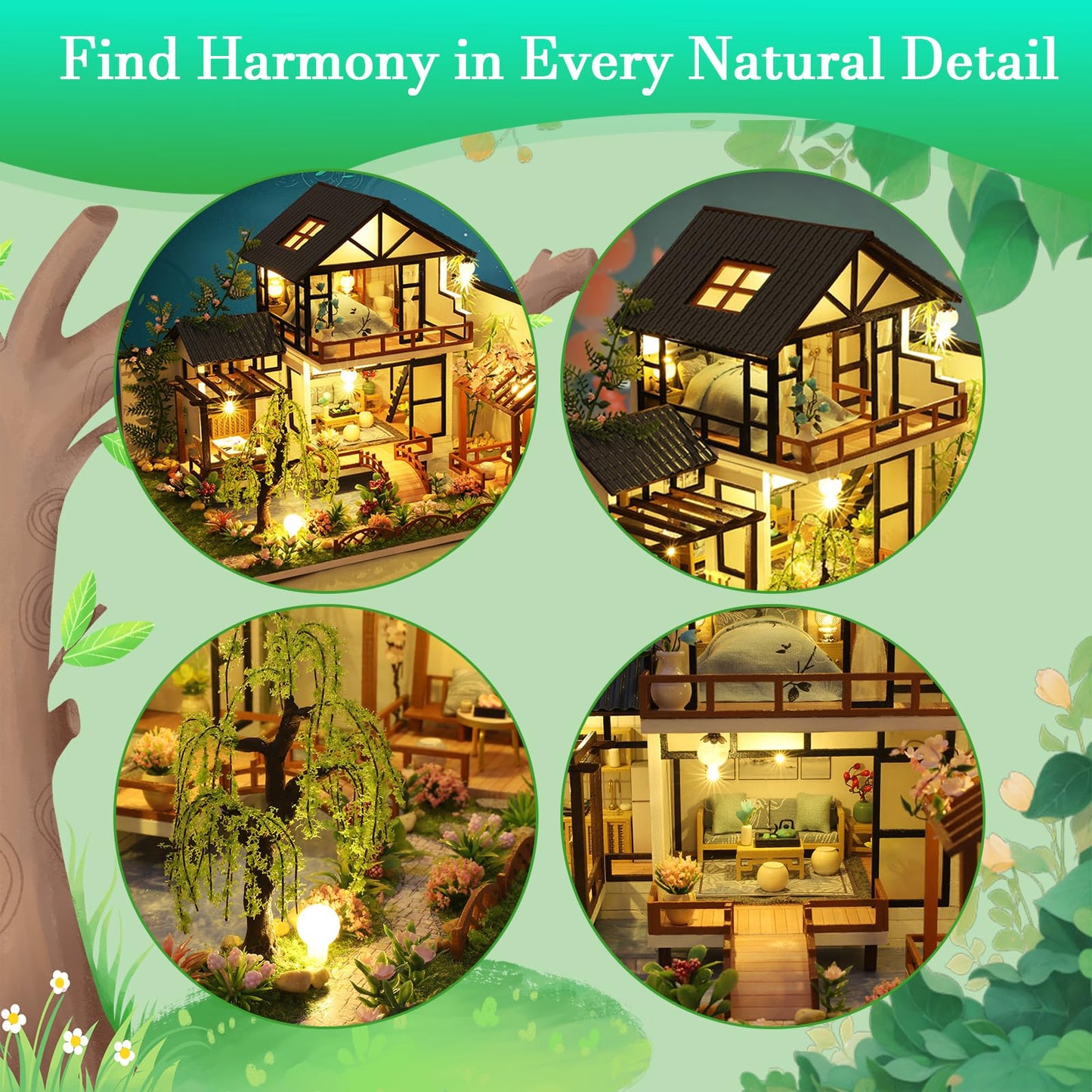 OZJAY DIY Miniature House Kit, Tiny House Kit with LED, DIY Wooden Dollhouse Miniature Kit for Adults Teen, Dollhouse Kit, Mini House Kit for Birthday Christmas Father's Day, Bamboo Stream Garden