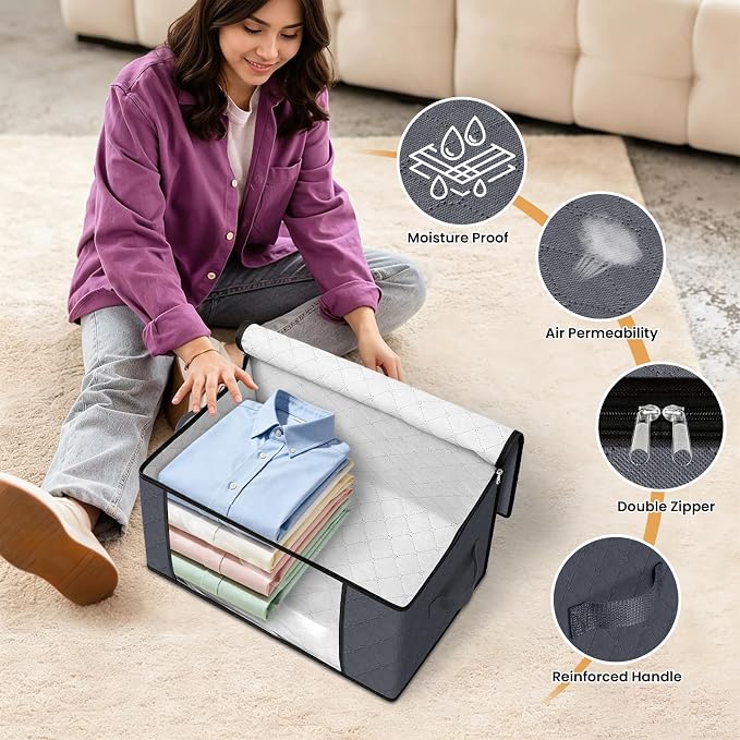 Fab totes 35L Closet Organizers and Storage, Foldable Under Bed Storage Containers, Storage bags for Organizing Bedroom, Closet, Clothing,Organization with Handle (4 Pack,Grey)
