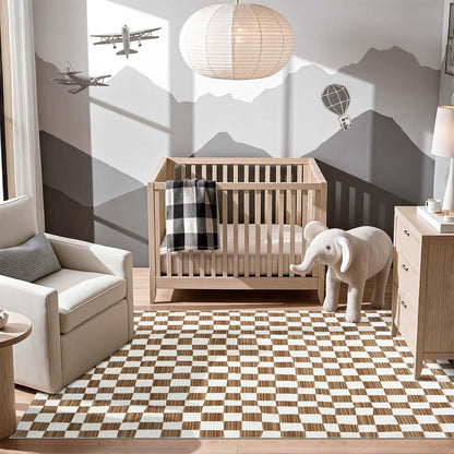 jinchan 5x7 Brown Checkered Area Rugs for Kids Room - Machine Washable Rug Modern Neutral Geometric Lattice Soft Non-Slip Carpet for Nursery Playroom Classroom Living Room Bedroom Home Office