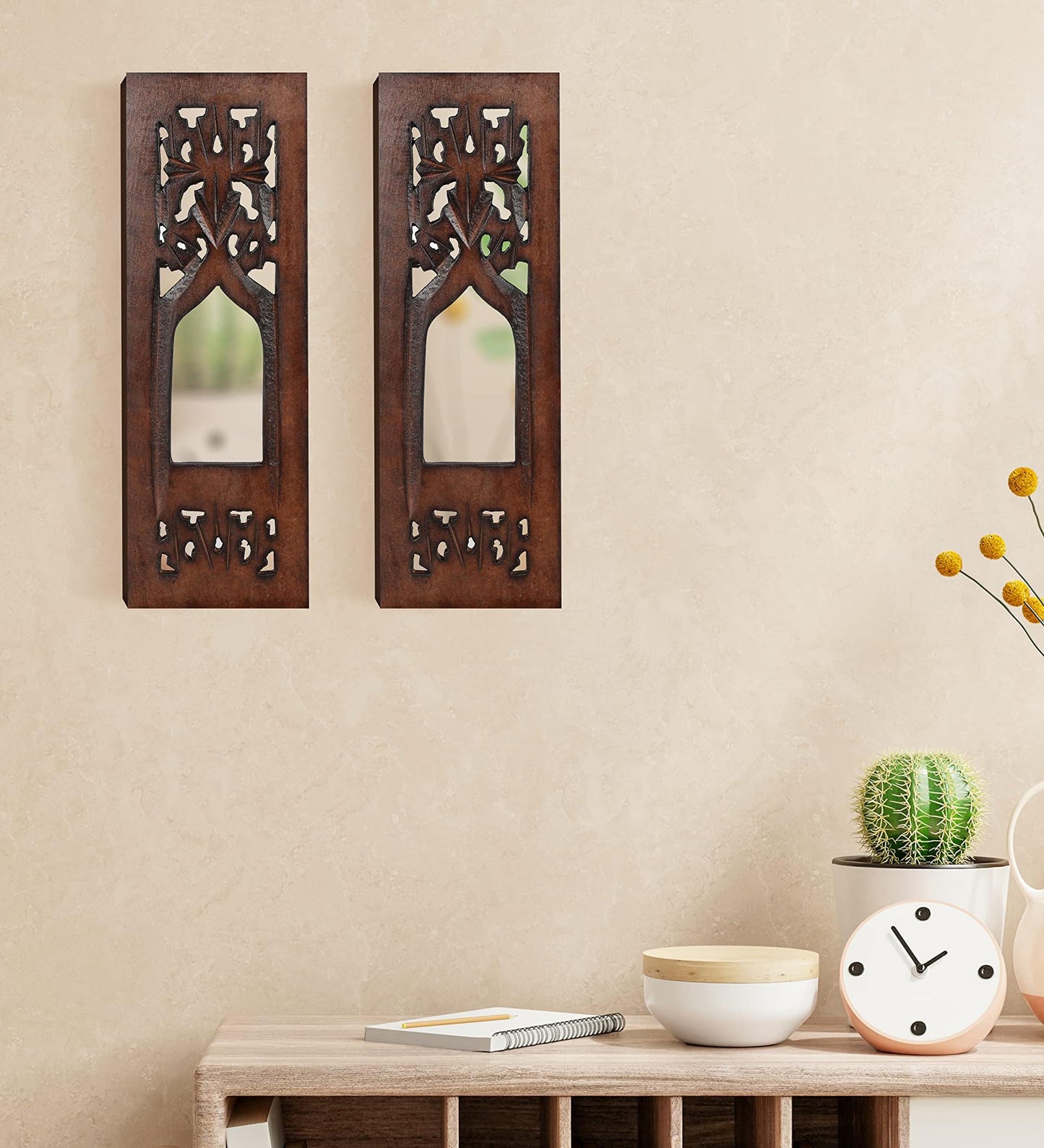 The Wooden Town Wall Hanging Plaques Wall Décor Jharokha With Mirror, Elegant Sculpture Wall Décor Panel to Enhance the Décor of Your Room or Office - 12x4 Inch - Burnt Set of 2