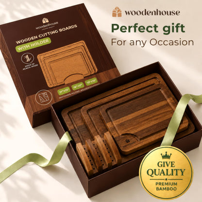 Acacia Wood Cutting Board Set of 3 with Holder, Juice Grooves & Built-in Handles - Durable, Wooden Cutting Boards for Kitchen, Perfect for Chopping, Food Prep and Serving as a Charcuterie