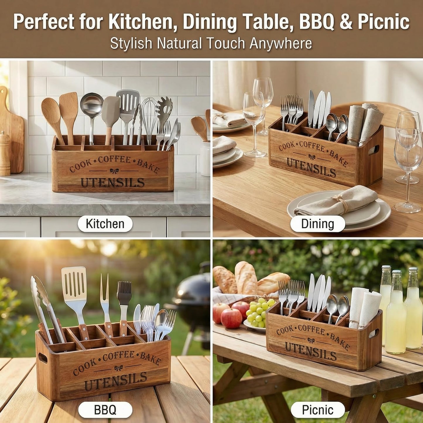 YanKiTour Wooden Kitchen Utensil Holder, Acacia Wood, Extra Large, 4-Compartment, Countertop Organizer, Wall Mount Option, Cooking Utensil Caddy, Ventilation Holes & Non-Slip Pads (4 Compartments)