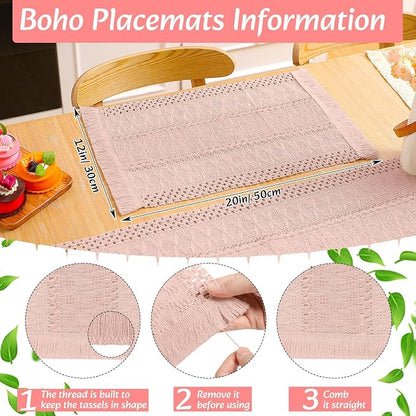 6 Sets Boho Decoration Placemats Round Woven Placemats, Cloth Napkins, Wood Bead Napkin Rings, Long Table Runner and Farmhouse Burlap Cotton for Table Kitchen (Pink,12x72)