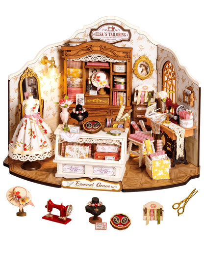 ROBOTIME DIY Miniature House Kit, Elsa’s Tailoring Dollhouse Kit, Mini Wooden Furniture Kit for Adults, Sewing Shop Building Model, Creative Craft Gift for Birthday/Christmas/Hobby Enthusiasts