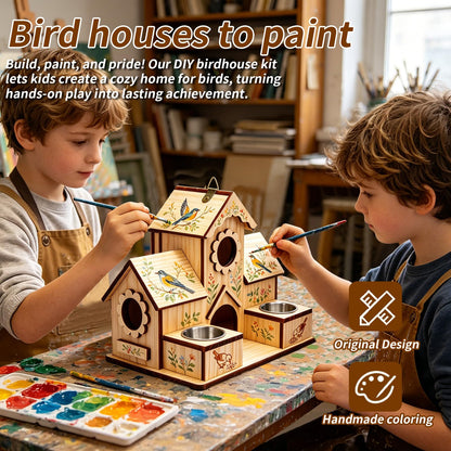SORNADELUVRIX Bird House for Outdoors, 4-Hole Hanging Birdhouse, Bluebird House with Stainless Steel Feeding Tray, Cedar Wood Nesting Box for Wrens, Chickadees and Swallows