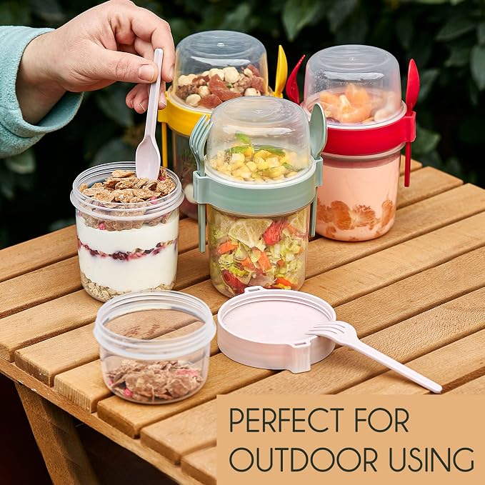 Crystalia 4 Pack 22 oz On The Go Yogurt Parfait Cups with Lids & Spoon, Large Breakfast Plastic Bowls with Topping Cereal Oatmeal Salad or Fruit Container for Snack Box