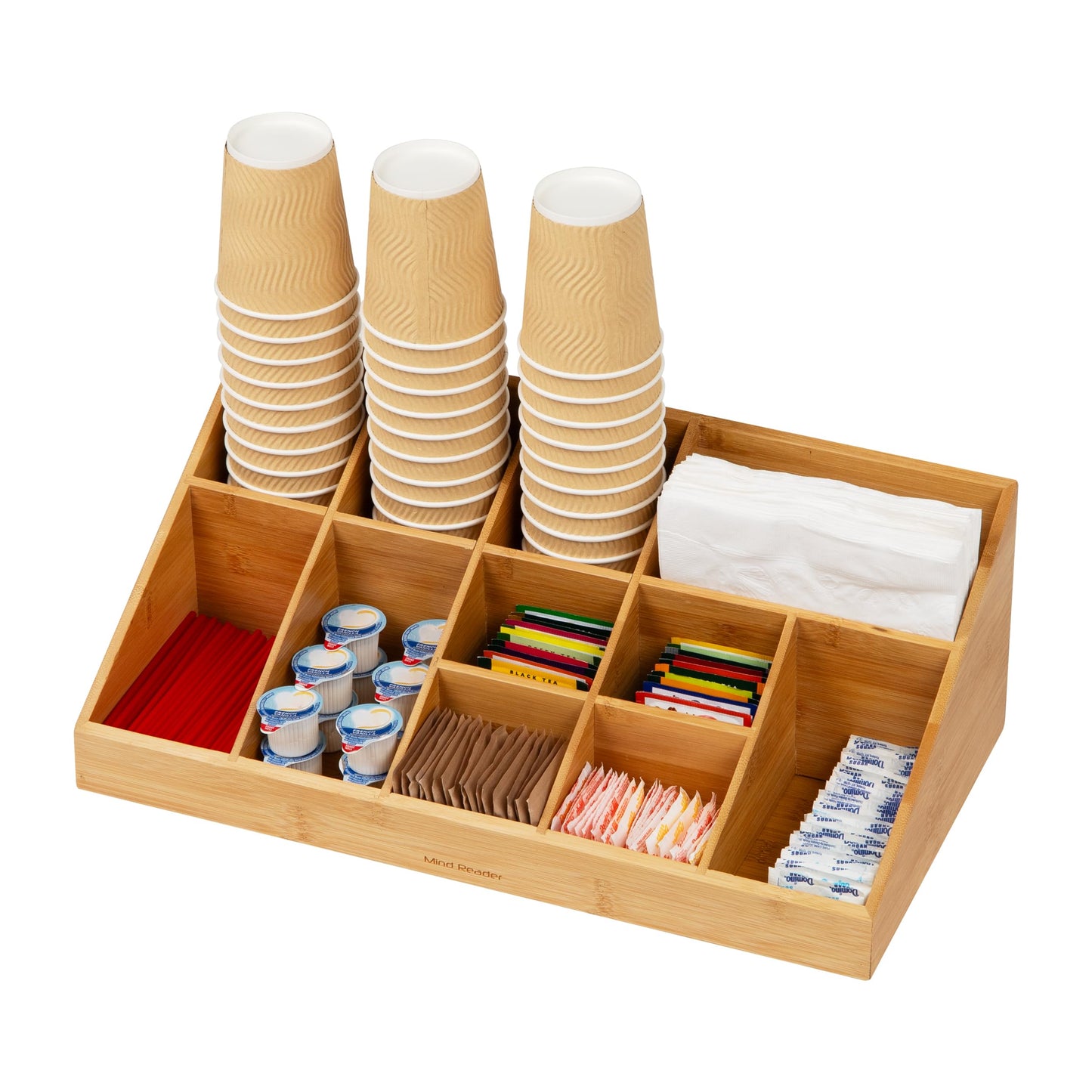 Mind Reader Cup and Condiment Station, Countertop Organizer, Coffee Bar, Kitchen, Stirrers, 17.875"L x 9.5"W x 6.625"H, Black
