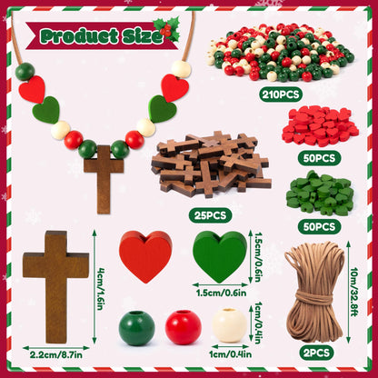 BeYumi Wooden Cross Necklace Craft - 24Pcs Christmas Wooden Cross Beads Necklace Craft Kit for Kids DIY Xmas Gift Christian Nativity Religious Jesus Decor Sunday School Classroom Party Fun Activities