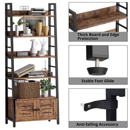 IRONCK Bookshelf with Louvered Doors, 4-Tier Ladder Shelf with Cabinet Industrial Accent Furniture for Bedroom Living Room Home Office, Rustic Brown