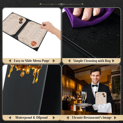 FLKQC Restaurant Menu Holders 8.5" x 11", Pack of 10 Synthetic Leather Double Panel Book Style with Angled Corners, Black