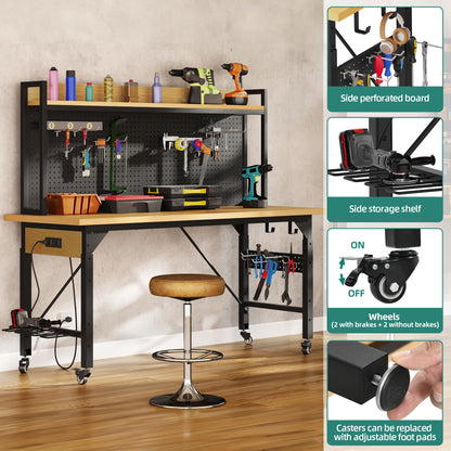 YITAHOME 48" Adjustable Workbench with Pegboard, Wheels, 1600 LB Capacity, Rolling Work Table with AC/USB Outlets, Hooks, and Rack, Heavy-Duty Work Bench for Garage, Workshop, Office