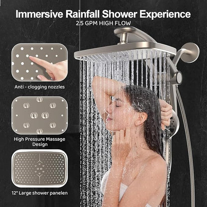Rain Shower Head with filtered Handheld High Pressure rainfall Shower Heads with Handheld Spray Combo Adjustable one-piece stand daul shower head Built-in Magnetic Docking and Power Jets-brush nickel