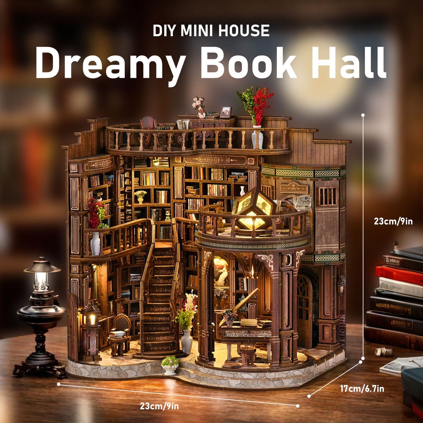 Book Nook Kit, DIY Miniature House with LED for Bookshelf Decor, Dreamy Book Hall 3D Wooden Puzzle Bookend, Relaxing DIY Craft for Adults & Teens (14+), 888PCS, Gift for Friends & Family
