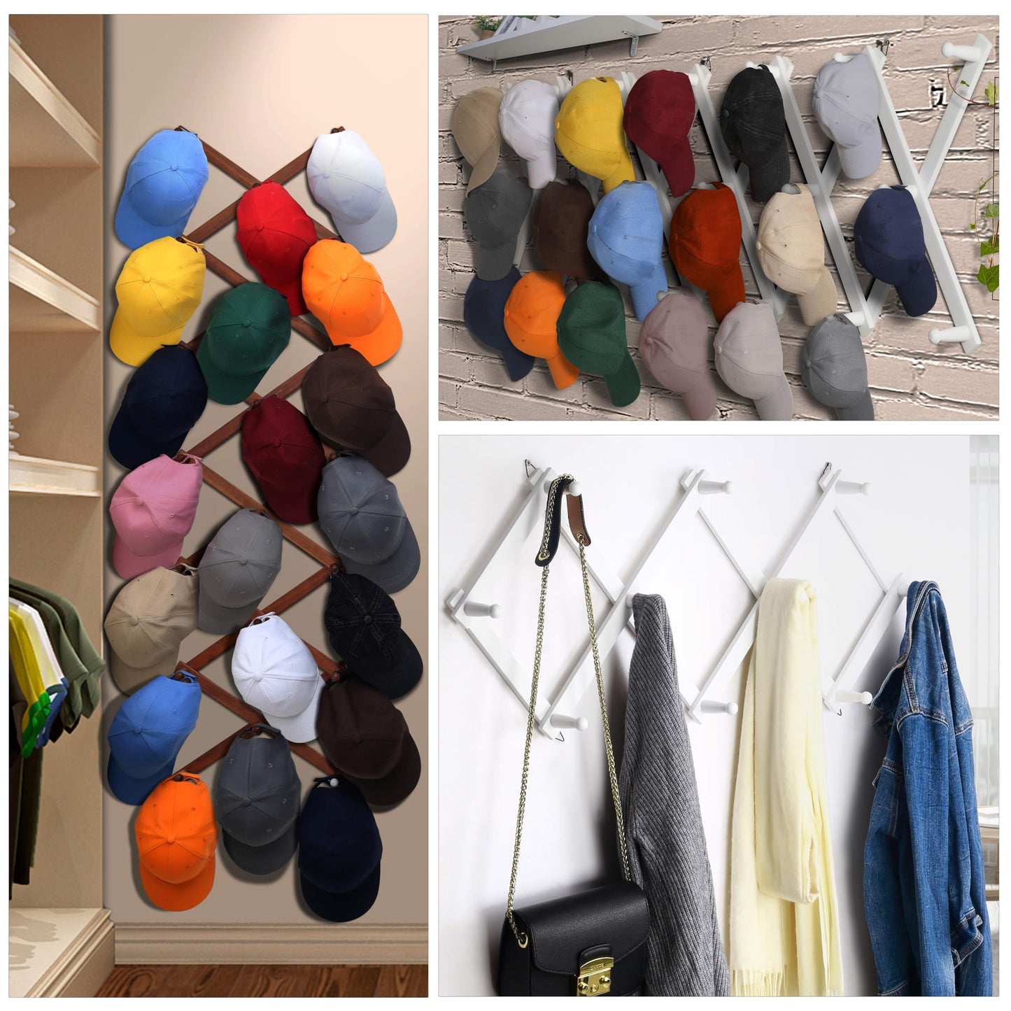 Dseap Accordian Wall Hanger: 16” High Wooden Wall Expandable Coat Rack, Hat Rack Holder, Accordion Hook for Baseball Caps, Coats, Mugs, 17 Peg Hooks, Brown