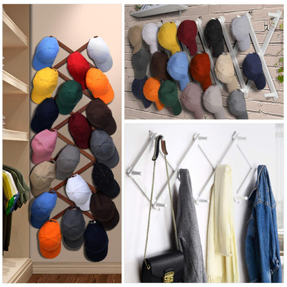 Dseap Accordian Wall Hanger: 16” High Wooden Wall Expandable Coat Rack, Hat Rack Holder, Accordion Hook for Baseball Caps, Coats, Mugs, 13 Peg Hooks, Brown