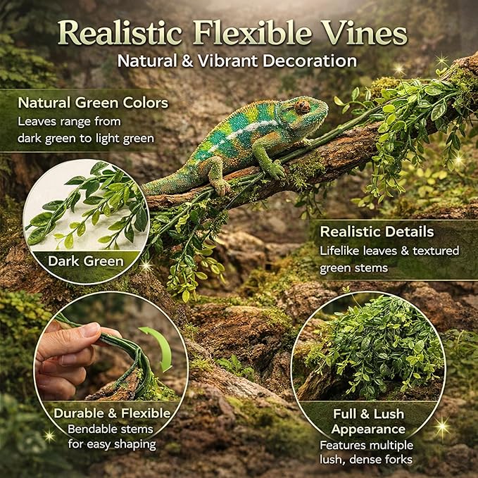 HERCOCCI 5 Pack Reptile Plants, Terrarium Hanging Plants Vines Artificial Leaves Habitat Decorations with Suction Cup for Bearded Dragon Hermit Crab Lizard Snake Geckos Chameleon