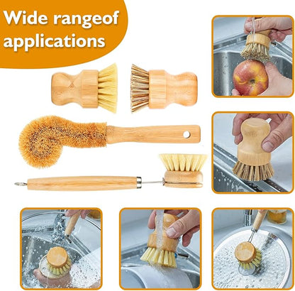 Bamboo Dish Brushes Sets 4 Tools in One Kitchen Clean Dish Scrubber
