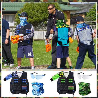 Sosation 12 Sets Kids Tactical Vest Tactical Party Supplies Favor Accessories, Face Mask Wrist Holder Toy Gift (Green and Blue)
