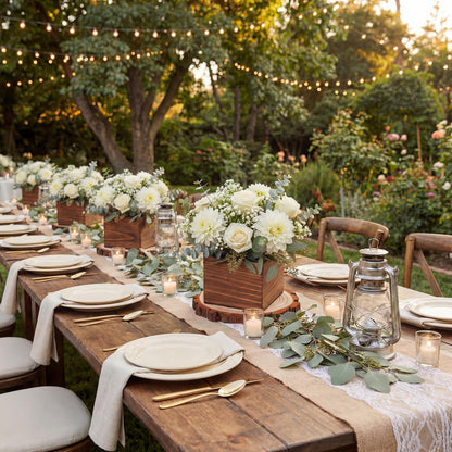 Leinuosen 16 Pcs Wedding Centerpieces Decor Set 8 x 4-inch Rustic Wood Cube Planter Box with 8 x Natural Wood Slices Tabletop Floral Arrangements for Baby Shower Home Garden Decorations(Brown)