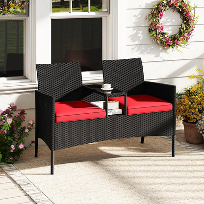 Tangkula Patio Loveseat with Built-in Table, Wicker 2-Seat Furniture with Soft Cushions & Tempered Glass Tabletop, Metal Frame Outdoor Conversation Seating Bench for Backyard, Porch