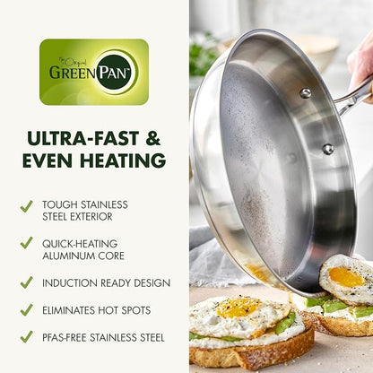 GreenPan Stainless Steel Cookware Set, 11 Piece, Induction Cookware, Dishwasher Safe, Oven Safe to 600F, Large 8QT Stock Pot, Sauce, Saute, Frying Pans, Pots & Pans Kitchen Essentials, Silver