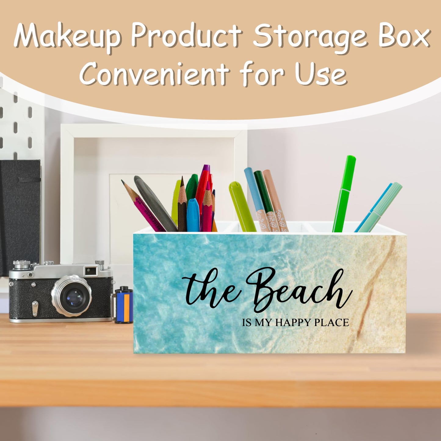 YTRGI Beach Gifts for Women Men, The Beach Is My Happy Place Pen Holder for Home Office Kitchen Desk Decor, Beach Wooden Pencil Holder Sign Organizer for Home Office Desk Accessories,