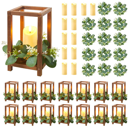 42 Pcs/14 Set Wooden Wedding Lantern Centerpiece,Wooden Centerpieces for Tables-with 14 Holders 14 Candles 14 Wreaths for Rustic Table Decoration Country Barn Wedding Party (Brown)