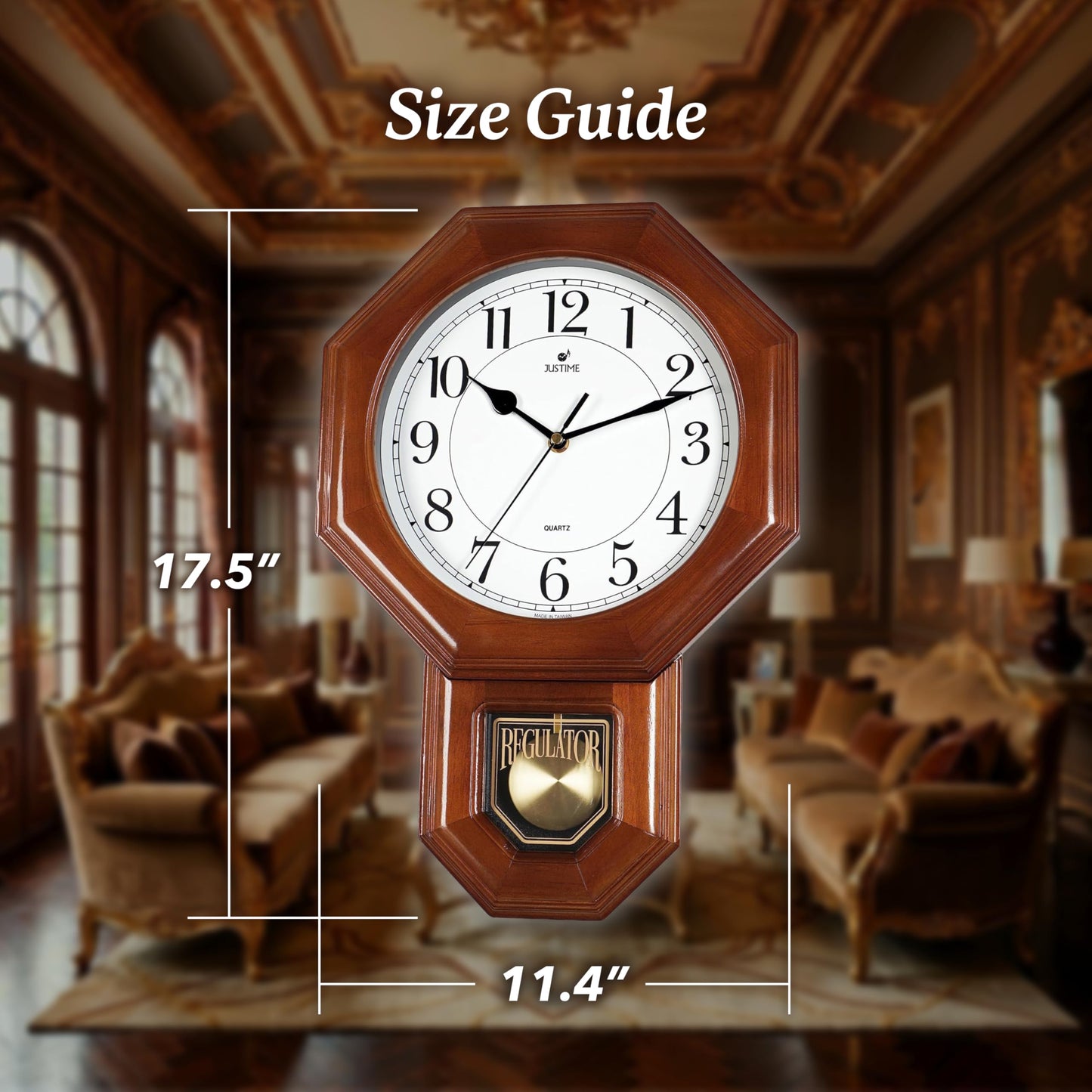 JUSTIME Traditional Schoolhouse Solid Wood Pendulum Wall Clock Chimes Hourly with Westminster Melody Chime Made in Taiwan (Dark Wood w/Westminster Chime)