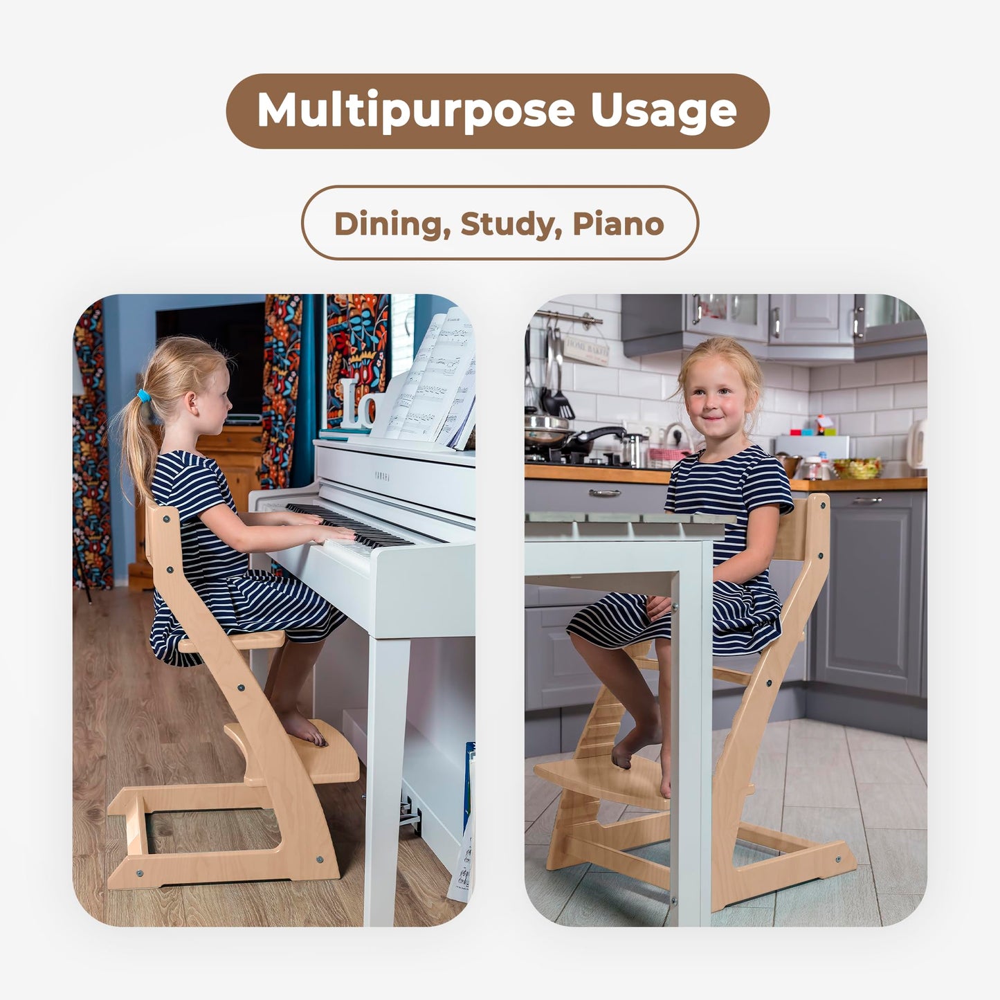 FORNEL Scandinavian Wooden High Chair for Toddlers & Kids | Adjustable Grow-with-Me Montessori Seat for Dining Table | Natural Wood Finish Convertible Highchair