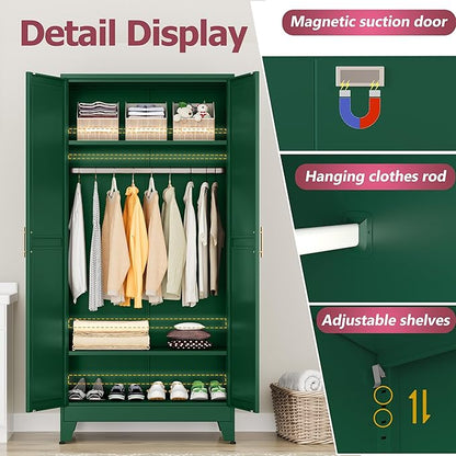 GAIOUS Metal Wardrobe Cabinet with Hanging Rod, Clothing Storage Cabinets | with 2 Doors and Adjustable Shelves, 71" Metal Green Armoire Wardrobe Closet for Bedroom, Laundry Room, Cloak Room