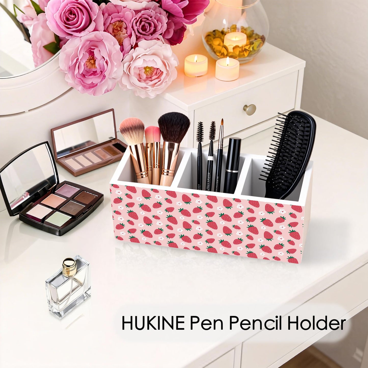 HUKINE Pink Strawberry Pen Holder for Desk Decoration, Preppy Girly Aesthetic Wooden Box Sign Pencil Holder Organizer for Home Office Desk Accessories, Strawberry Gifts for Women Girls