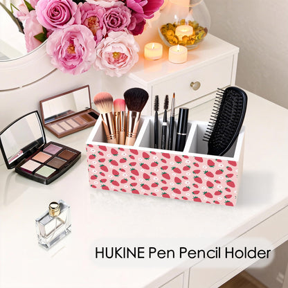 HUKINE Pink Strawberry Pen Holder for Desk Decoration, Preppy Girly Aesthetic Wooden Box Sign Pencil Holder Organizer for Home Office Desk Accessories, Strawberry Gifts for Women Girls