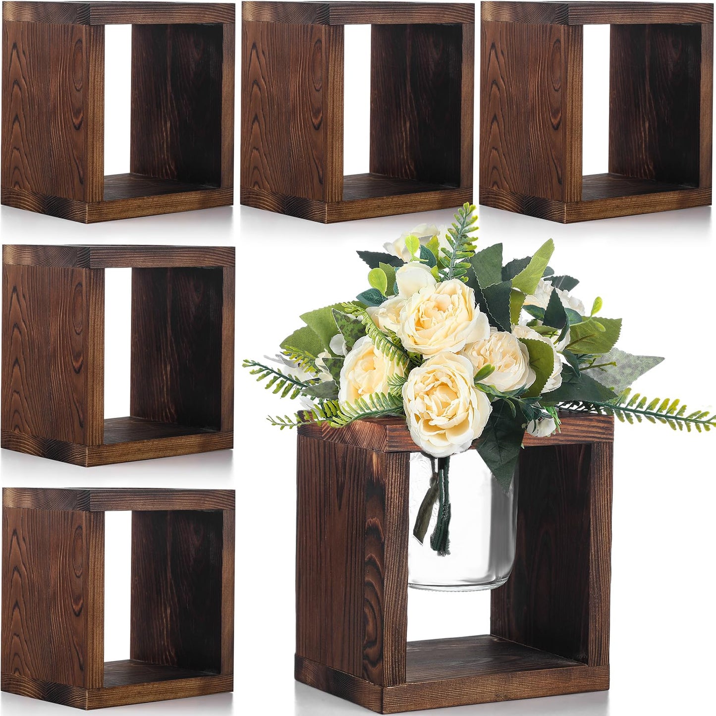GlikCeil 6 Pack Wedding Wooden Boxes for Centerpieces Wood Cube Planter Box Rustic Wood Square Vase Holder for Centerpieces Home Wedding Garden Decor
