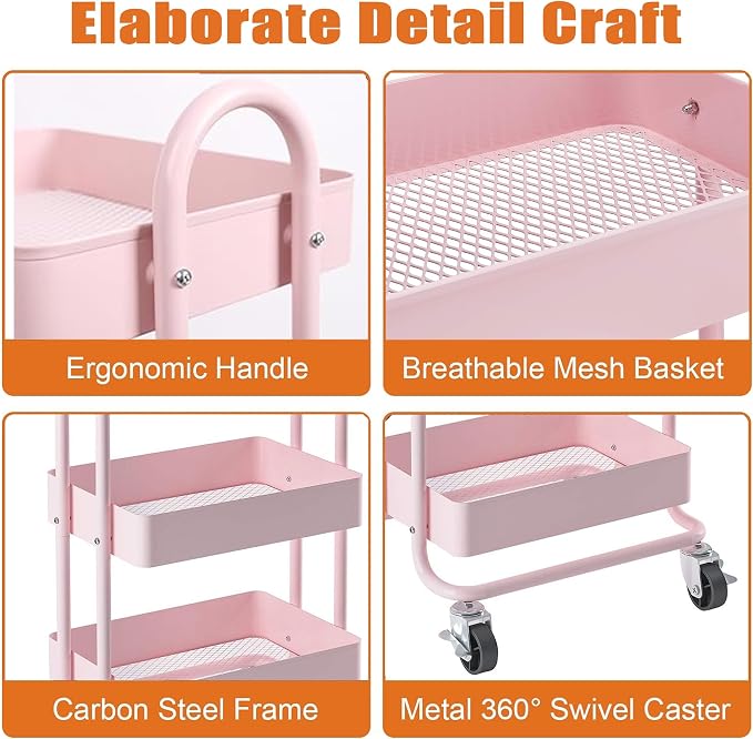 4 Tier Metal Rolling Cart Pink Utility Cart with Wheels,Rolling Pink Cart for Office,Home,Kitchen,Garden（13.4"x18.1"x40"）