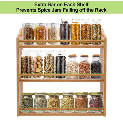 FoverOne 3 Tier Bamboo Spice Rack, Seasoning Jars Rack Shelf Spice Organizer for Kitchen Counter or Wall Mounting