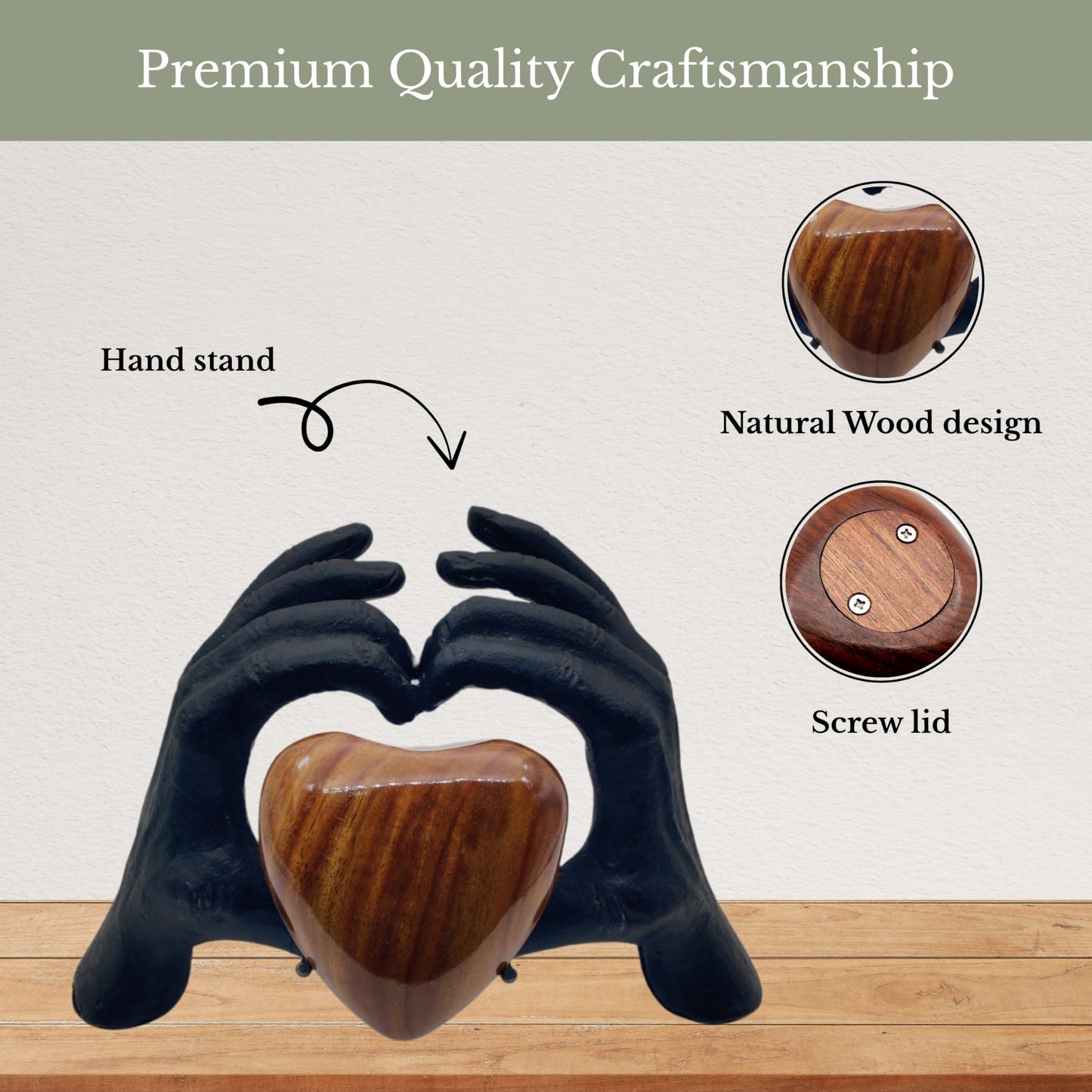 ZAHANAARA Wooden Heart Urn for Ashes Adult Male & Female |Handcrafted Memorial Box for Funeral|Memorial Gifts, Ashes Keepsake |Aluminum Cremation Urns|Unique Tribute in Hands Design - Black, 3 cu in