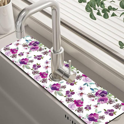 Watercolor Purple Flowers Faucet Absorbing Mat Splash Guard Draining Mat Fast
