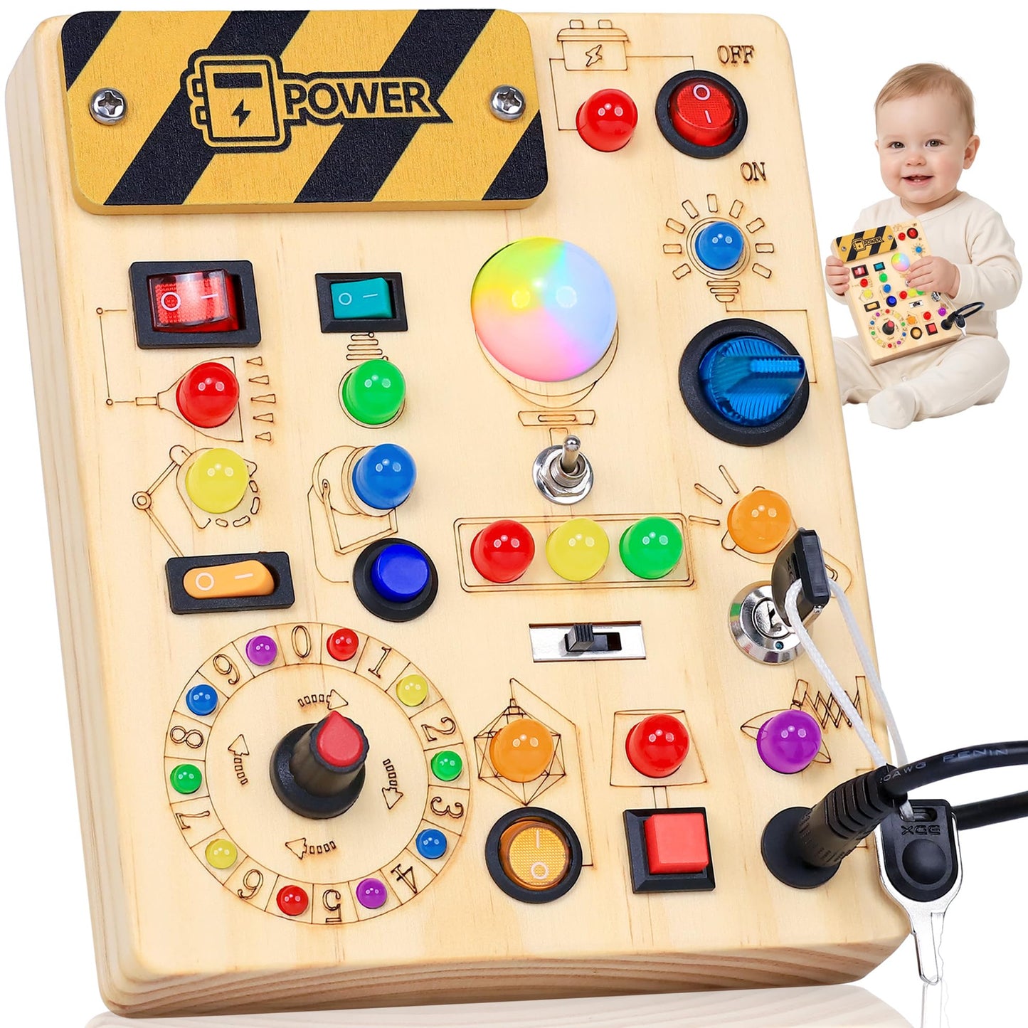 RichBoy Busy Board Montessori Sensory Toy, 37-in-1 Switch Board with 24 LED Lights, Birthday Gift for 1 2 3 Year Old Boys Girls, Safety for Toddlers Home Travel Essentials (6.7" X 5.3")