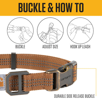 Carhartt Fully Adjustable Nylon Webbing Collars for Dogs, Reflective Stitching for Visibility, Black (Nylon Webbing), Medium