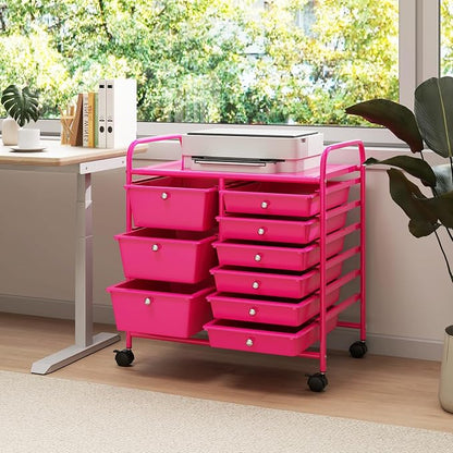 LDAILY 9 Drawer Rolling Storage Cart, Rolling Cart with Drawers for Classroom, Art Supply Craft Organizer on Wheel with Metal Frame & Handles for Home Office School