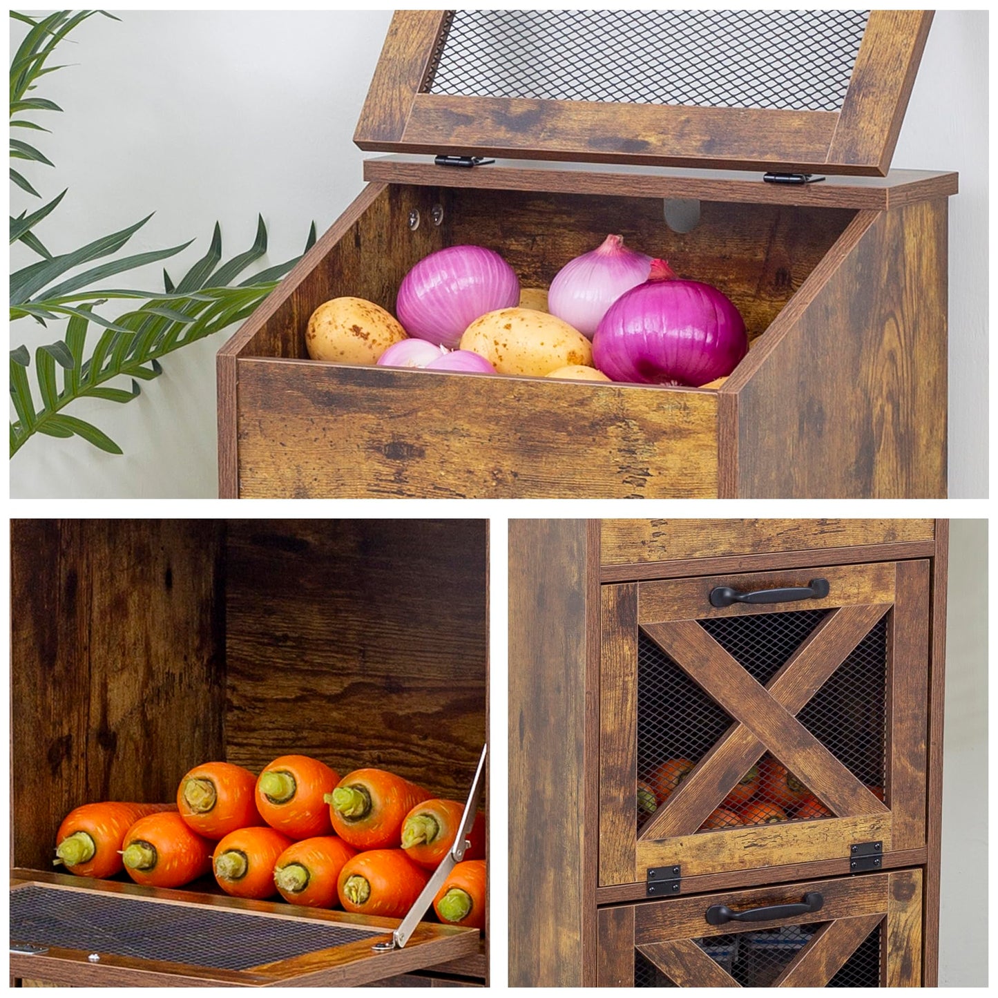 TDLEAYYD Potato Storage Bin Wooden Bread Box, Mid Century Modern Vegetable Storage Box with Lid, Farmhouse Potato and Onion Storage Cabinet for Kitchen,Brown