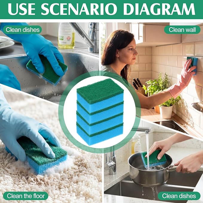 Patelai 100 Pcs Heavy Duty Sponges Kitchen Bulk Dish Sponges Scrub Sponge Abrasive Scrubber Cleaning Sponge Non Scratch Scouring Absorbent Dish for Washing Kitchen (Blue)