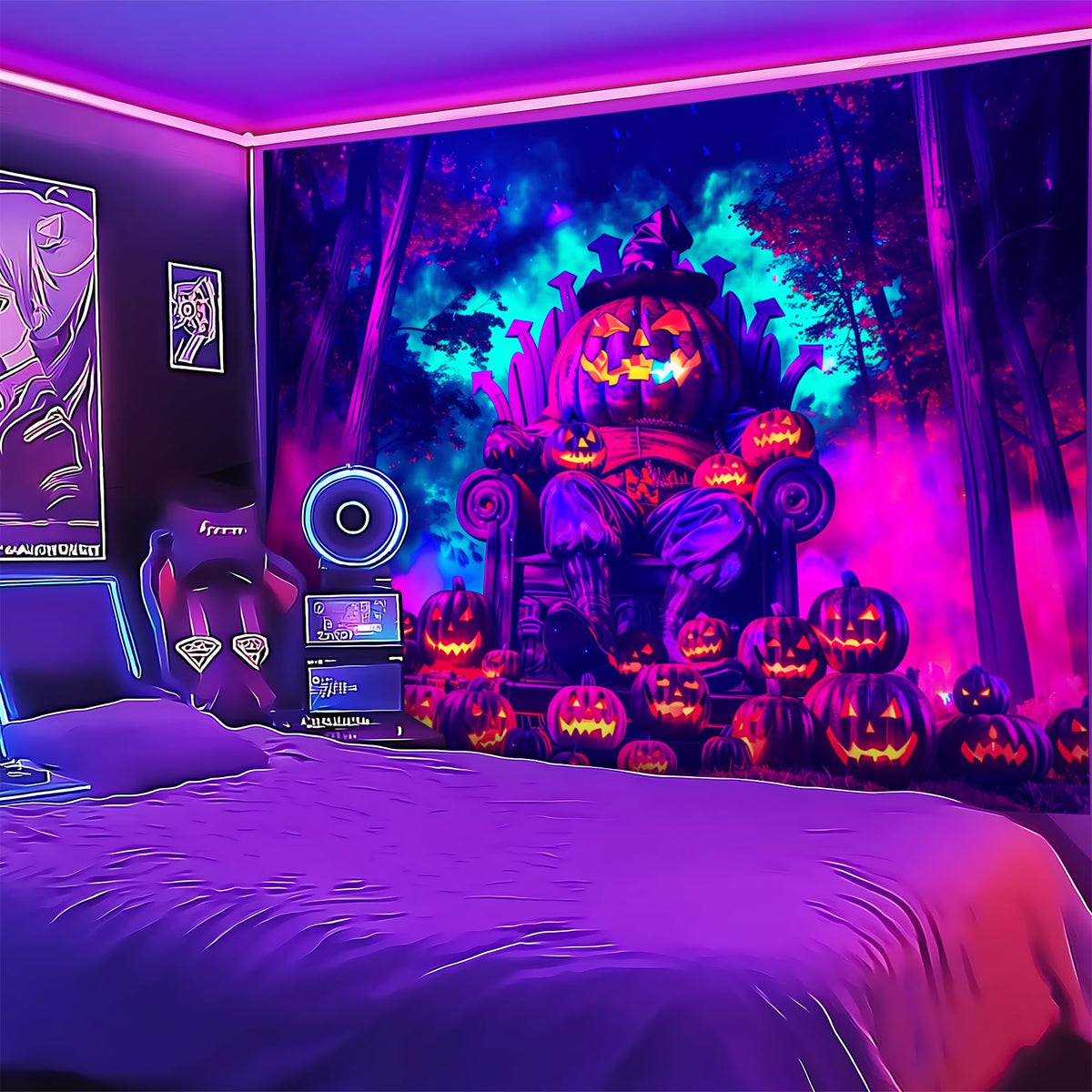 Blacklight Halloween Tapestry Horror Moon Night Scary Cemetery Pumpkin Lantern Halloween Tapestry Wall Hanging Skull Horror Poster Banners for Bedroom Livingroom (Pumpkin-2, 90L" x 70W", Unframed)
