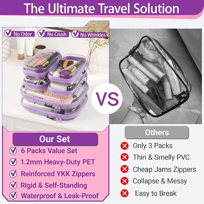 6 Pack Purple Clear Hard Shell Beauty Organizer (2M+4S), 1.2mm Heavy Duty Crush-Proof Cosmetic Case, Reinforced YKK Zippers, Stadium Approved Security Bag for Skincare & Electronics, Multi-Size Set