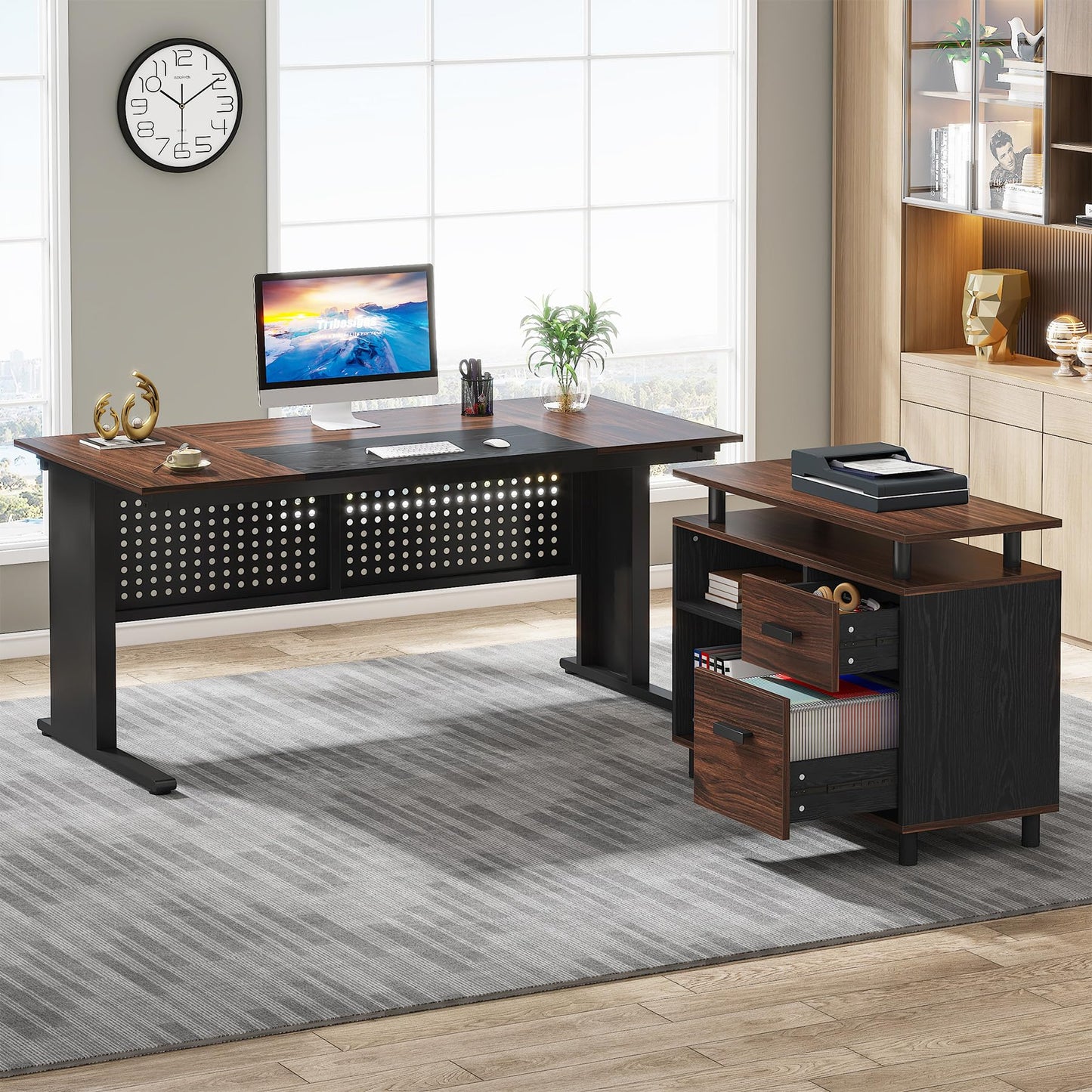 Tribesigns 63 Inch Executive Desk with File Cabinet, Large Office Desk L Shaped Computer Desk with Drawers and Storage Shelves, Business Furniture Desk for Home Office, Dark Walnut and Black